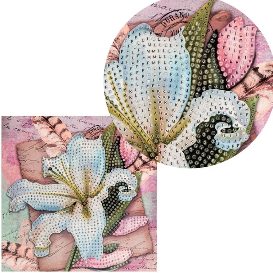 Diamond-Painting-Grußkarte, Weiße Lilie und Federn, 16cm x 16cm, inkl. Zubehör