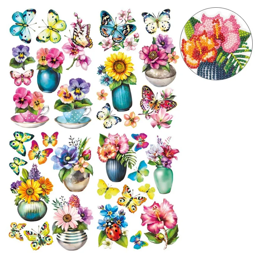 Diamond-Painting-Sticker, Blüten & Schmetterlinge, DIN A4, 4 Bogen
