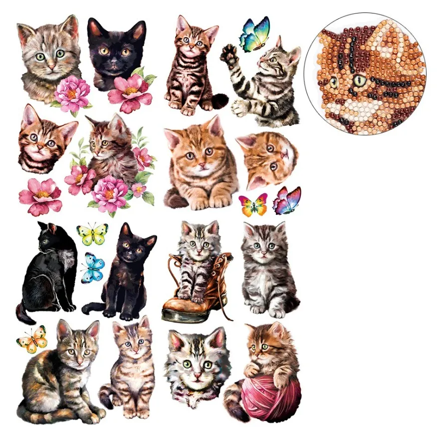 Diamond-Painting-Sticker, Katzen, DIN A4, 4 Bogen