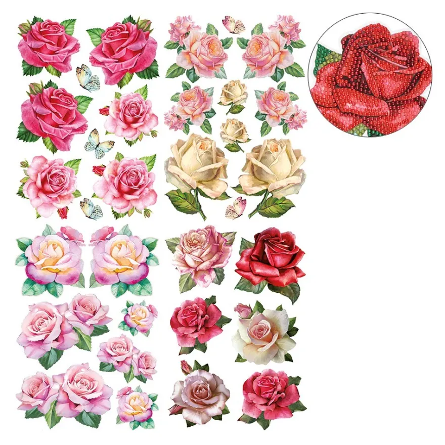 Diamond-Painting-Sticker, Rosen, DIN A4, 4 Bogen