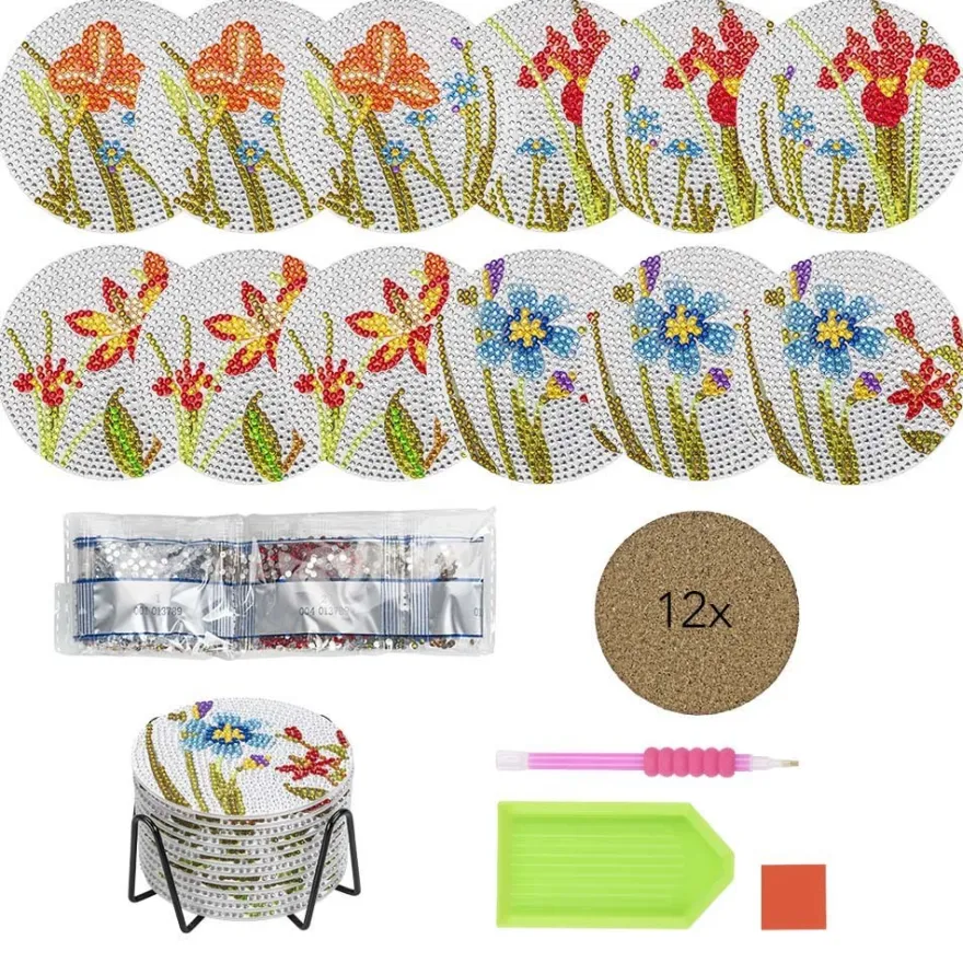 Diamond-Painting-Untersetzer, Blumen, inkl. Werkzeug & Zubehör, 12 Stück