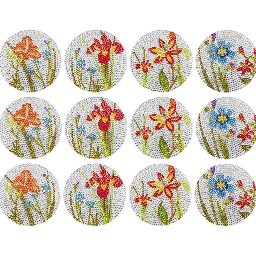 Diamond-Painting-Untersetzer, Blumen, inkl. Werkzeug & Zubehör, 12 Stück