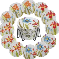 Diamond-Painting-Untersetzer, Blumen, inkl. Werkzeug & Zubehör, 12 Stück
