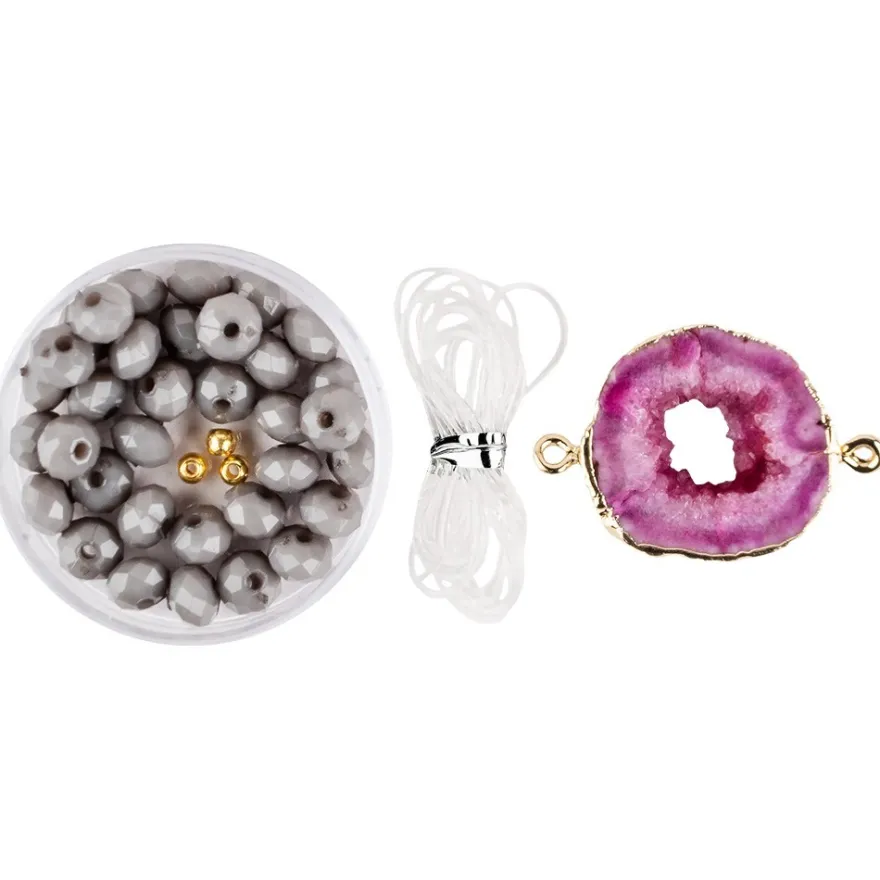 DIY-Schmuckarmband, Achat, pink mit Goldumrandung, 39-teilig
