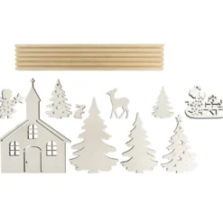 3-D Landschaft zum Stecken, Kirche & Engelchen, Podest & versch. Holzelemente, 11-teilig