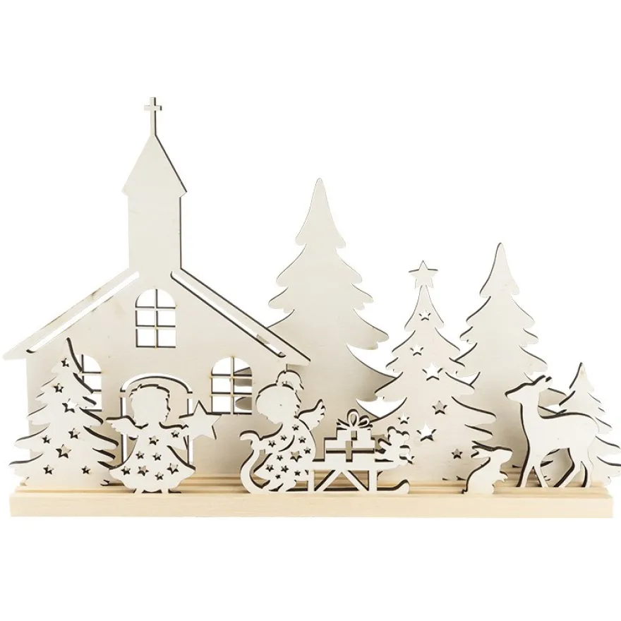 3-D Landschaft zum Stecken, Kirche & Engelchen, Podest & versch. Holzelemente, 11-teilig