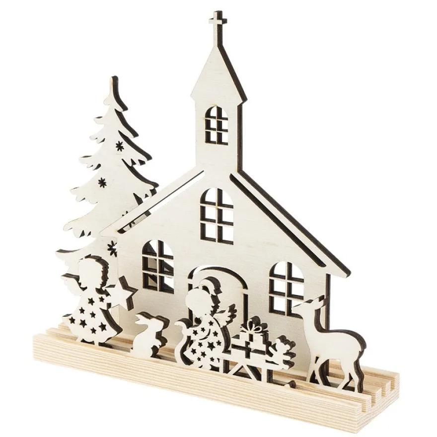 3-D Landschaft zum Stecken, Kirche & Engelchen, Podest & versch. Holzelemente, 7-teilig