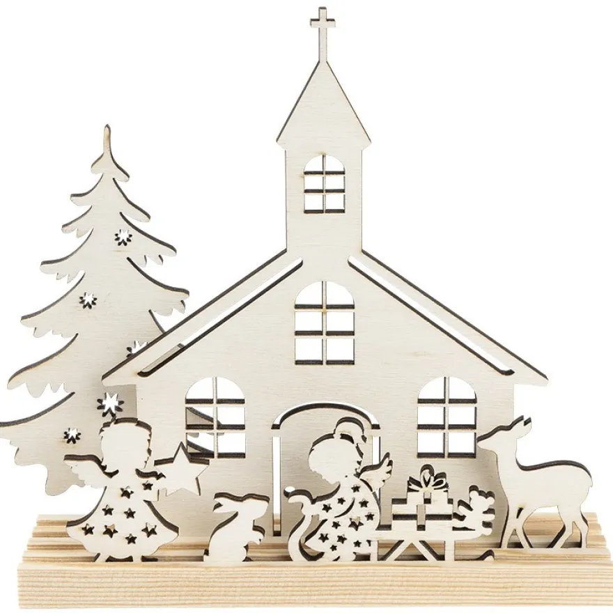 3-D Landschaft zum Stecken, Kirche & Engelchen, Podest & versch. Holzelemente, 7-teilig