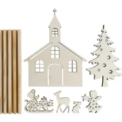 3-D Landschaft zum Stecken, Kirche & Engelchen, Podest & versch. Holzelemente, 7-teilig