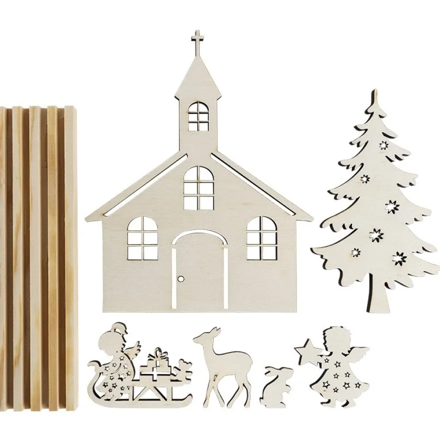 3-D Landschaft zum Stecken, Kirche & Engelchen, Podest & versch. Holzelemente, 7-teilig