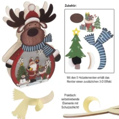 3-D LED-Aufsteller, Rentier, aus Holz, 3 LEDs in Warmweiß, mit Timer