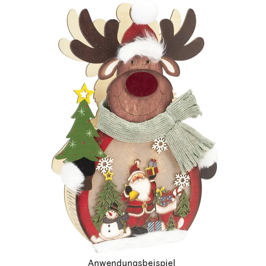 3-D LED-Aufsteller, Rentier, aus Holz, 3 LEDs in Warmweiß, mit Timer
