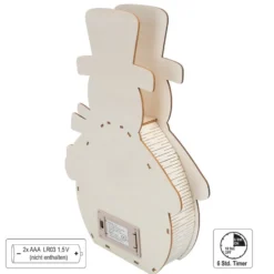 3-D LED-Aufsteller, Schneemann, aus Holz, 3 LEDs in Warmweiß, mit Timer