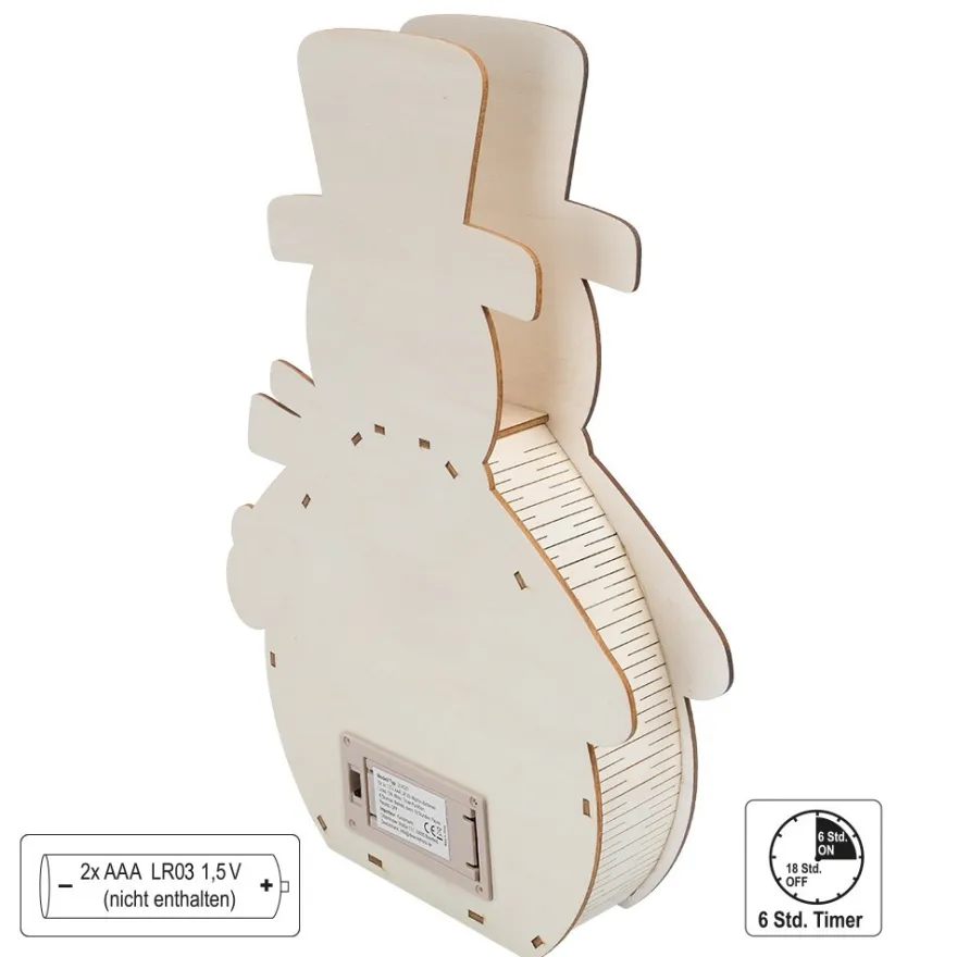 3-D LED-Aufsteller, Schneemann, aus Holz, 3 LEDs in Warmweiß, mit Timer