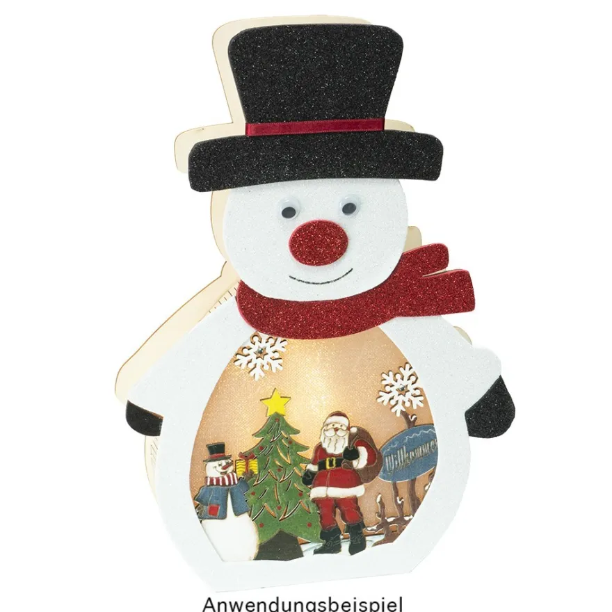3-D LED-Aufsteller, Schneemann, aus Holz, 3 LEDs in Warmweiß, mit Timer