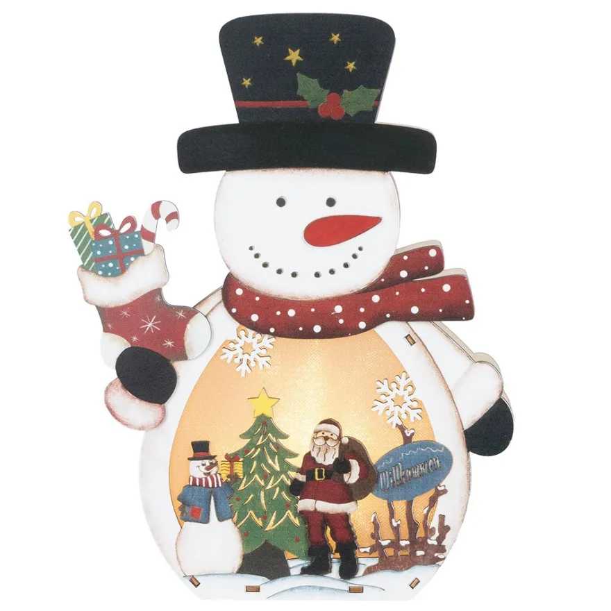 3-D LED-Aufsteller, Schneemann, aus Holz, 3 LEDs in Warmweiß, mit Timer