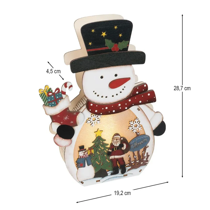 3-D LED-Aufsteller, Schneemann, aus Holz, 3 LEDs in Warmweiß, mit Timer
