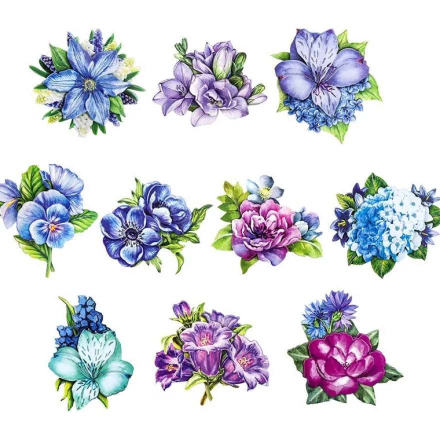 3-D Motive, Blumen in Blau-Violett, 6,5-9,5cm, 10 Motive