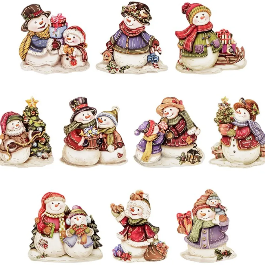 3-D Motive, Schneemänner mit Geschenk, Gold-Gravur, 6-8cm, 10 Stück