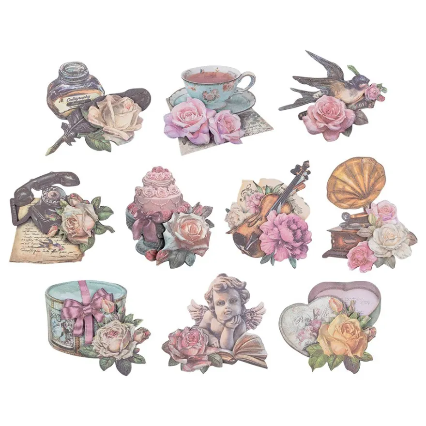3-D Motive, Vintage-Rosengrüße, mit Perlmutt-Leinenstruktur, 7-10,5cm, 10 Motive