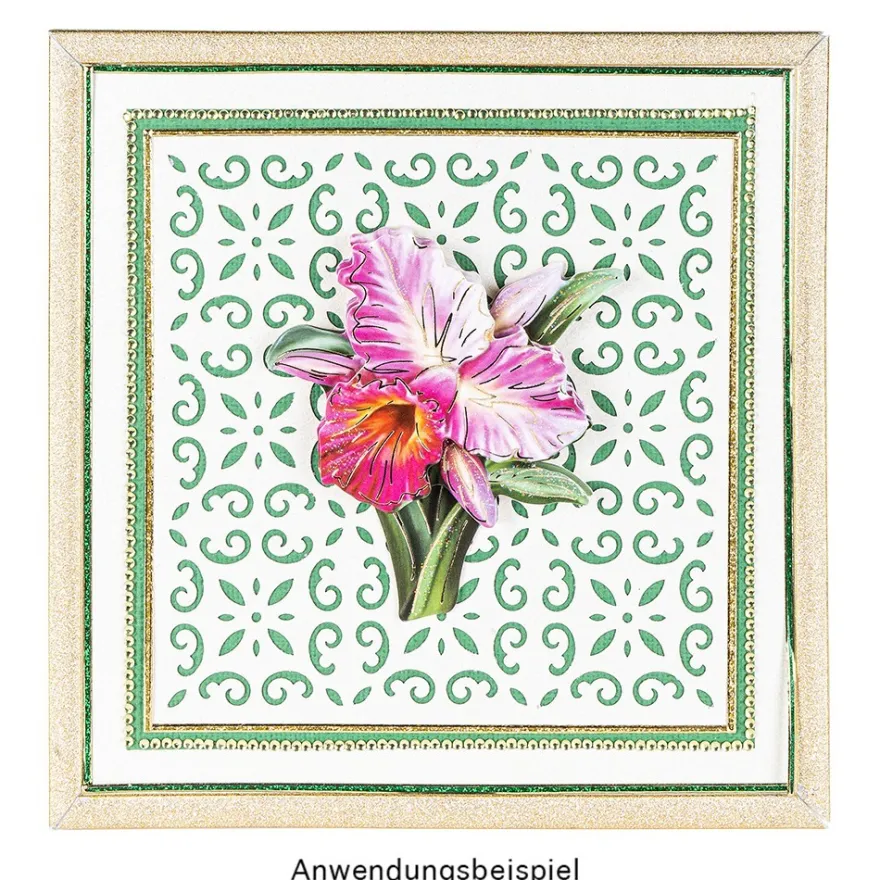 3-D Motiv, pinke Blüte, Gold-Gravur & Glimmerlack, 8cm
