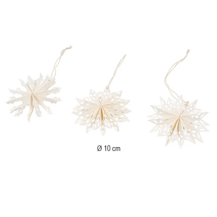 3-D Papier-Ornamente, zum Aufhängen, Ø10cm, 3 versch. Sterne & Schneeflocken, cremeweiß, 12 Stück