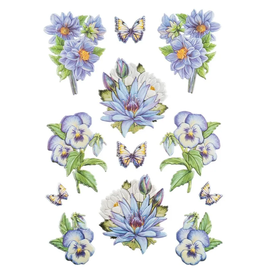 3-D Relief-Sticker, Blaue Blüten 1, verschiedene Größen, selbstklebend