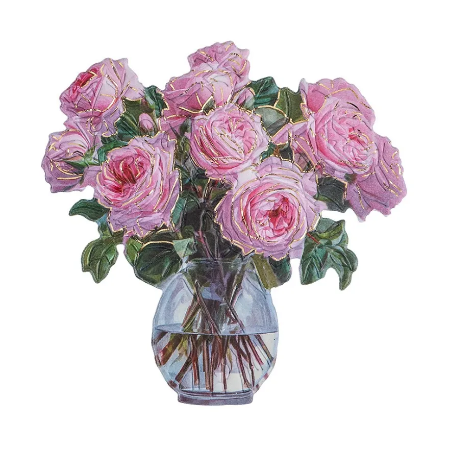 3-D Relief-Sticker, Blumen in Glasvasen 2, Folienveredelung Hellgold, versch. Größen, selbstklebend