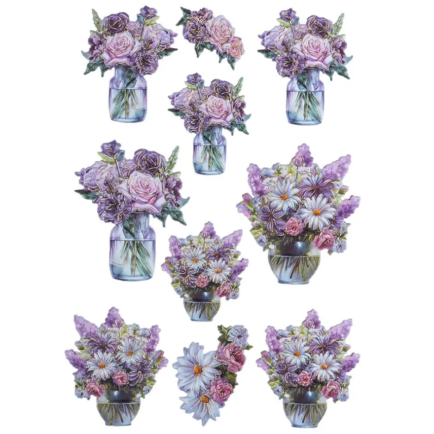 3-D Relief-Sticker, Blumen in Glasvasen 4, Folienveredelung Hellgold, versch. Größen, selbstklebend