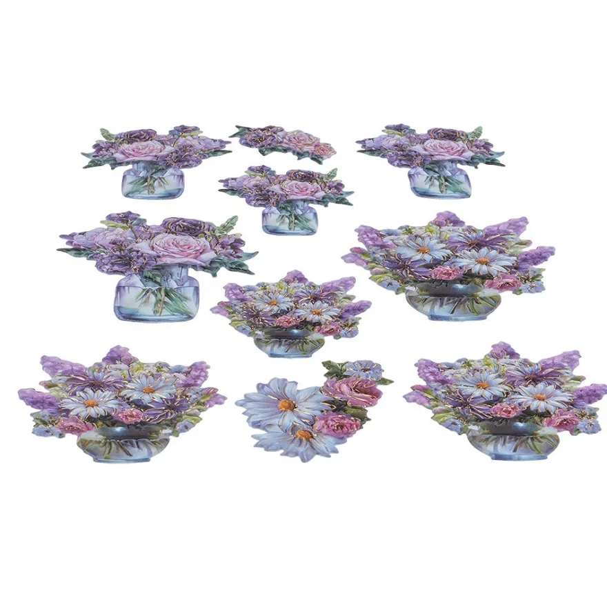 3-D Relief-Sticker, Blumen in Glasvasen 4, Folienveredelung Hellgold, versch. Größen, selbstklebend