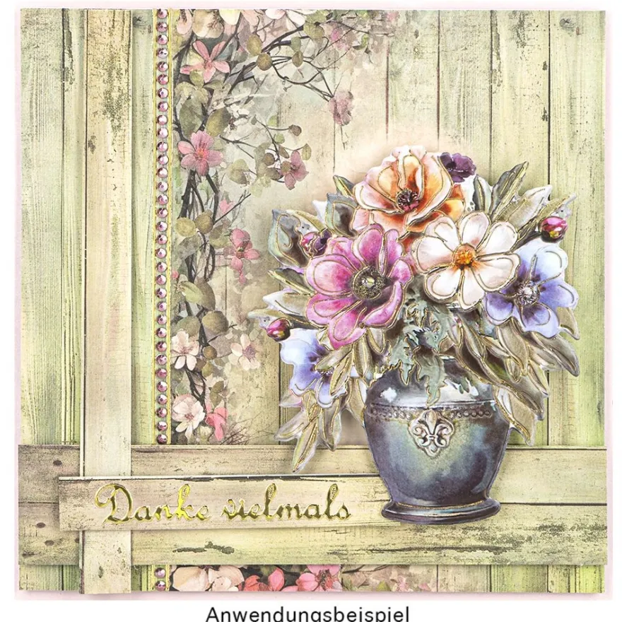 3-D Relief-Sticker, Blumen in Kannen 3, Folienveredelung Hellgold, versch. Größen, selbstklebend