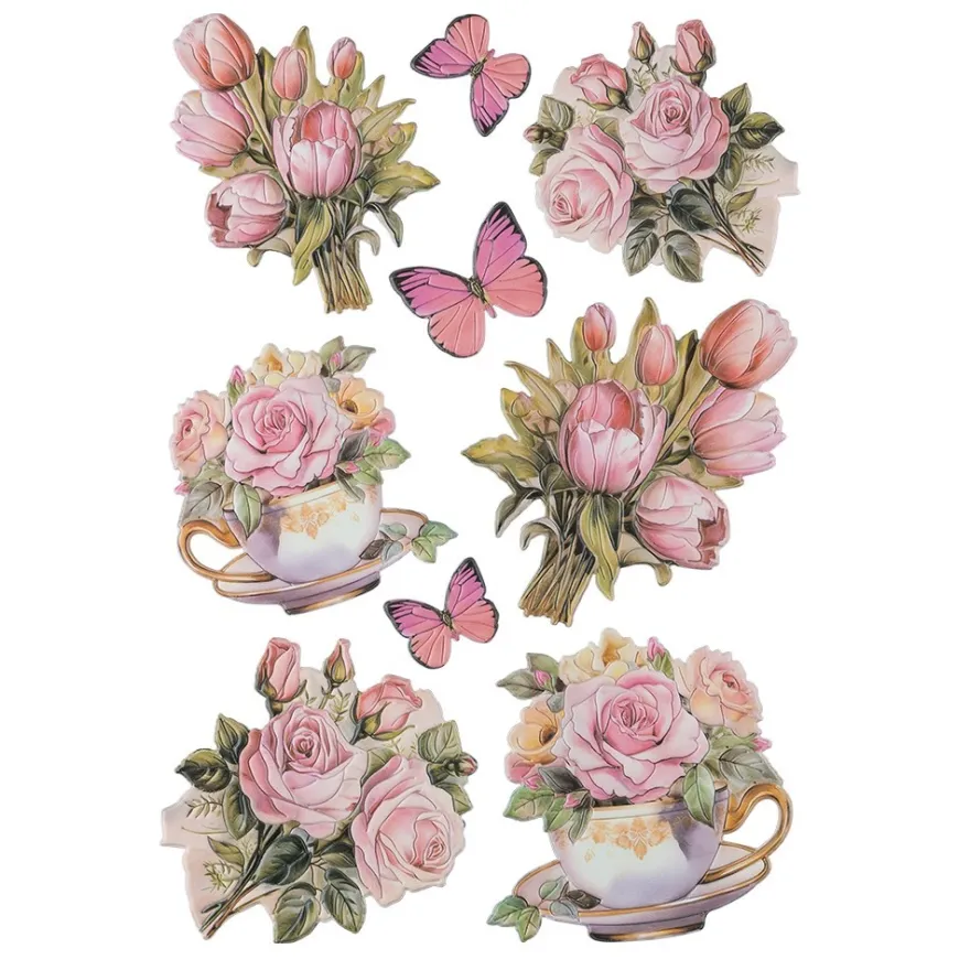 3-D Relief-Sticker, Blumen in Tasse 8, verschiedene Größen, selbstklebend