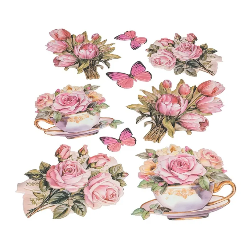 3-D Relief-Sticker, Blumen in Tasse 8, verschiedene Größen, selbstklebend