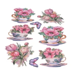 3-D Relief-Sticker, Blumen in Tasse 6, Glitzerveredelung irisierend, versch. Größen, selbstklebend