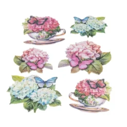 3-D Relief-Sticker, Blumen in Tasse 5, Glitzerveredelung irisierend, versch. Größen, selbstklebend