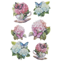 3-D Relief-Sticker, Blumen in Tasse 5, Glitzerveredelung irisierend, versch. Größen, selbstklebend