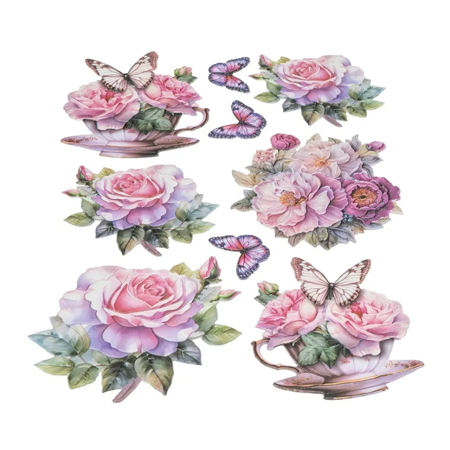 3-D Relief-Sticker, Blumen in Tasse 3, Glitzerveredelung irisierend, versch. Größen, selbstklebend