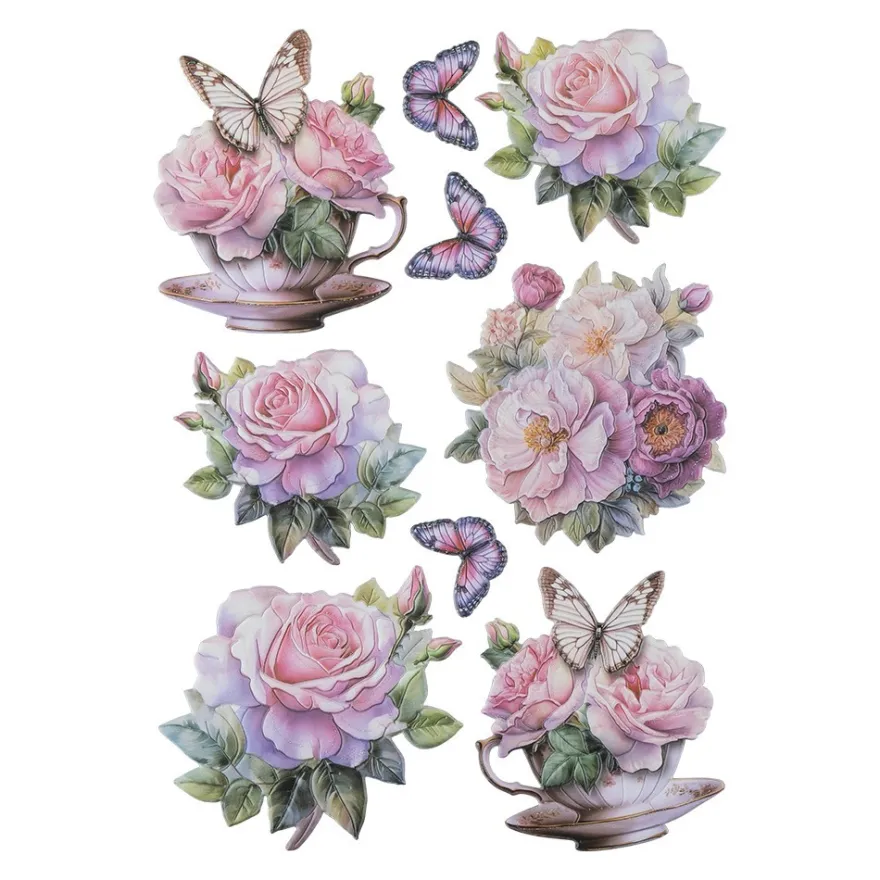 3-D Relief-Sticker, Blumen in Tasse 3, Glitzerveredelung irisierend, versch. Größen, selbstklebend