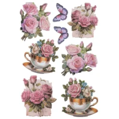 3-D Relief-Sticker, Blumen in Tasse 4, Glitzerveredelung irisierend, versch. Größen, selbstklebend