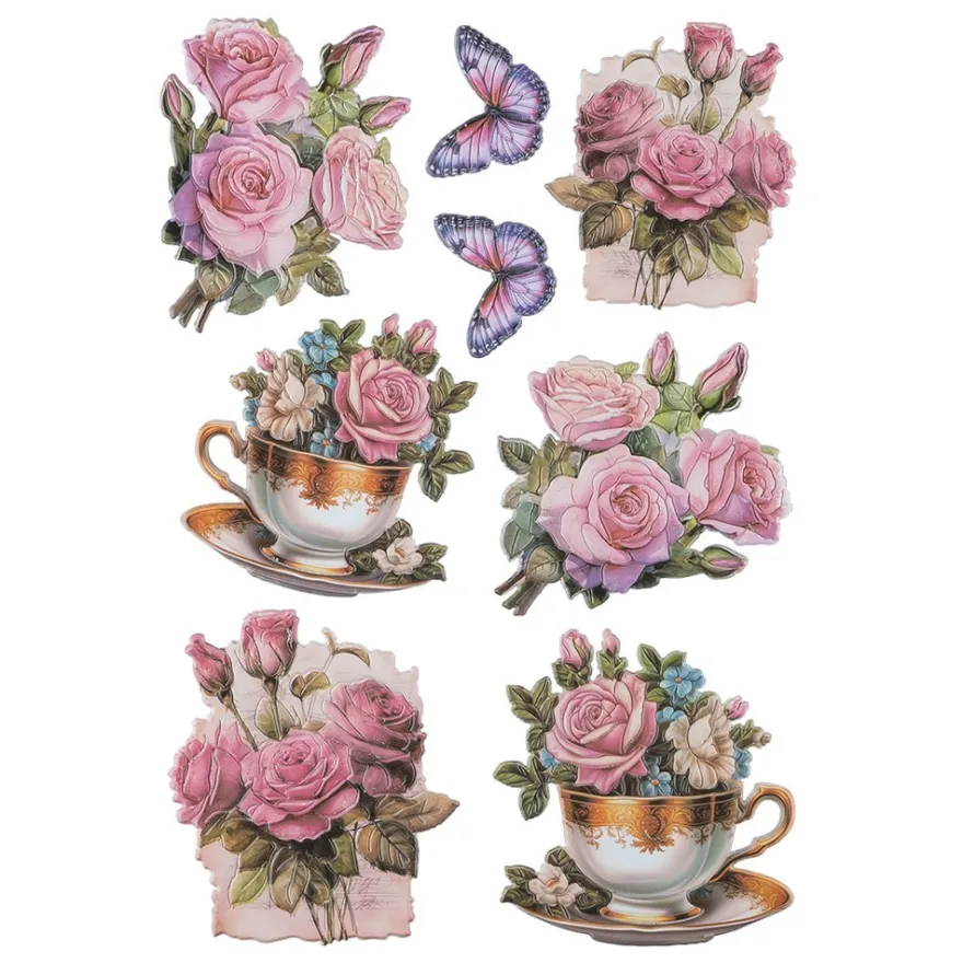 3-D Relief-Sticker, Blumen in Tasse 4, Glitzerveredelung irisierend, versch. Größen, selbstklebend
