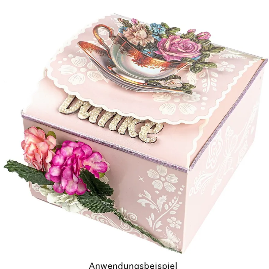 3-D Relief-Sticker, Blumen in Tasse 4, Glitzerveredelung irisierend, versch. Größen, selbstklebend