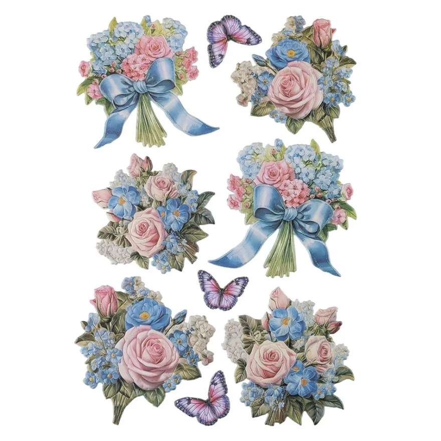 3-D Relief-Sticker, Blumen mit Schleife, Glitzerveredelung irisierend, versch. Größen, selbstklebend