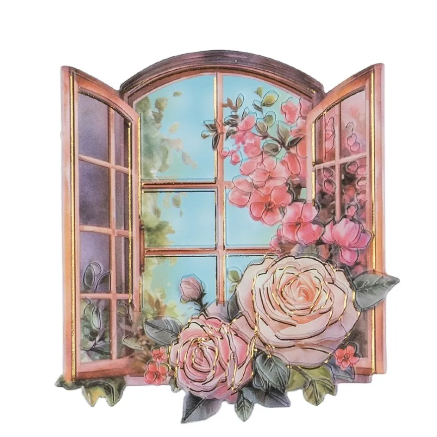 3-D Relief-Sticker, Fenster mit Blumen 2, Folienveredelung Hellgold, versch. Größen, selbstklebend