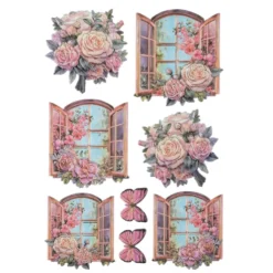 3-D Relief-Sticker, Fenster mit Blumen 2, Folienveredelung Hellgold, versch. Größen, selbstklebend