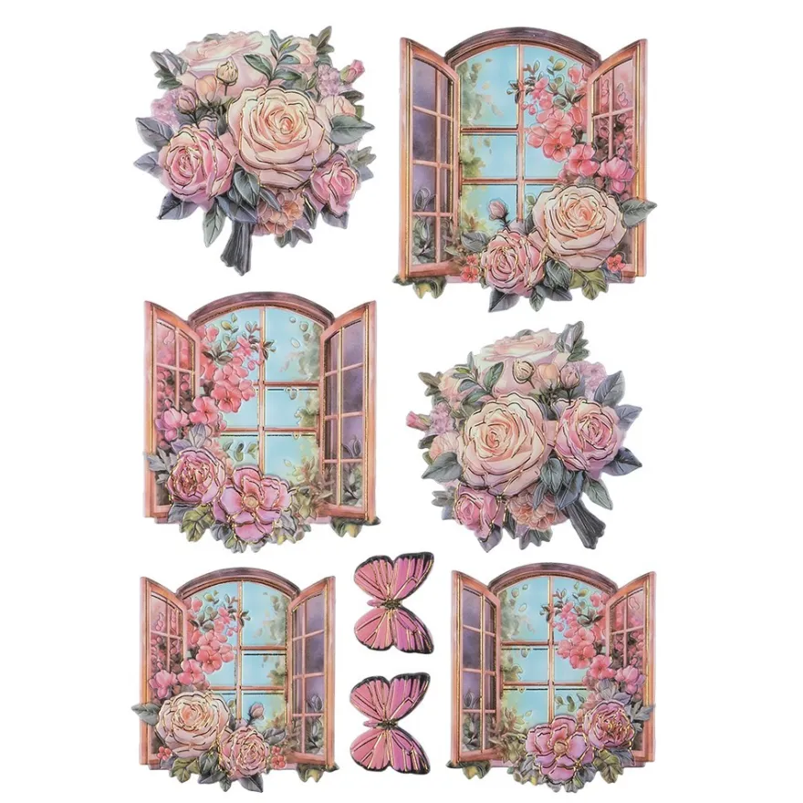 3-D Relief-Sticker, Fenster mit Blumen 2, Folienveredelung Hellgold, versch. Größen, selbstklebend