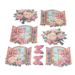 3-D Relief-Sticker, Fenster mit Blumen 2, Folienveredelung Hellgold, versch. Größen, selbstklebend
