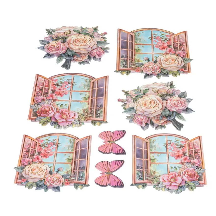 3-D Relief-Sticker, Fenster mit Blumen 2, Folienveredelung Hellgold, versch. Größen, selbstklebend
