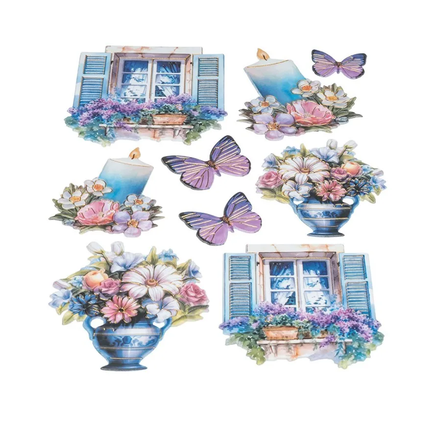 3-D Relief-Sticker, Fenster mit Blumen 3, Folienveredelung Hellgold, versch. Größen, selbstklebend