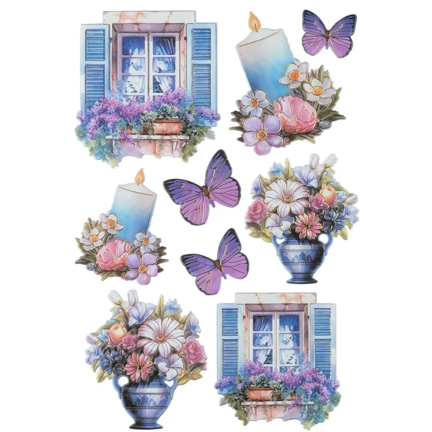 3-D Relief-Sticker, Fenster mit Blumen 3, Folienveredelung Hellgold, versch. Größen, selbstklebend