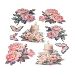 3-D Relief-Sticker, Kerzen mit Blumen 1, Folienveredelung Hellgold, versch. Größen, selbstklebend